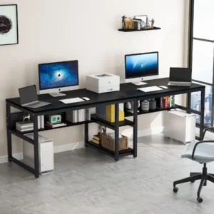 Two Person Desk with Bookshelf Rustic Writing Desk