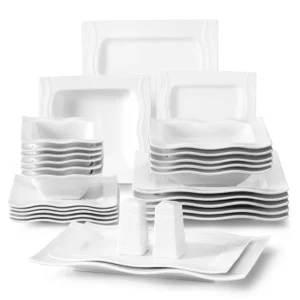 28 Piece Square White Porcelain Plates & Bowls Set
